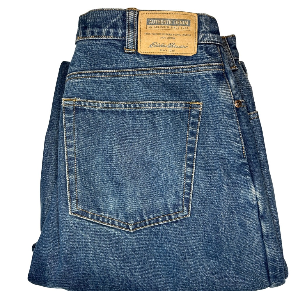 Eddie Bauer Men's Relaxed Fit Red Plaid Flannel Lined Blue Denim Jeans W35 L34